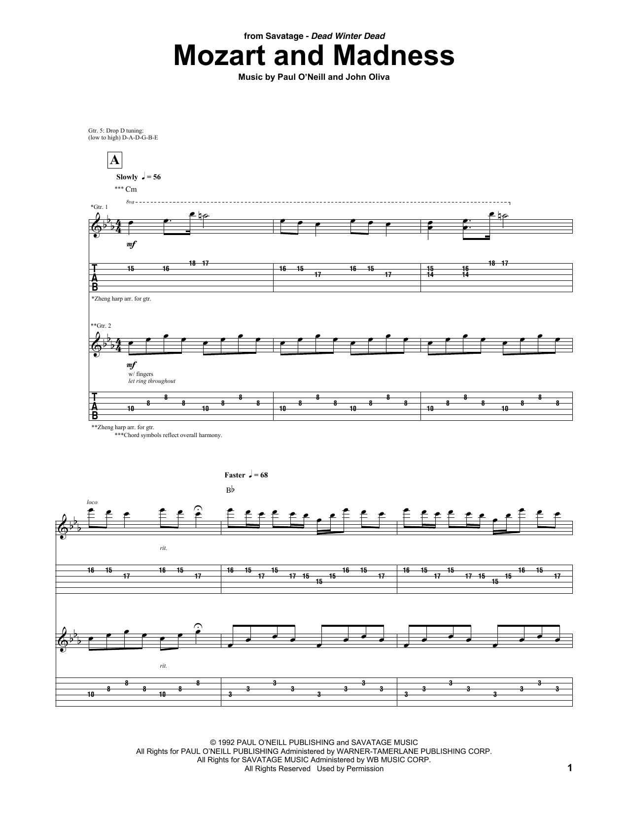 Trans-Siberian Orchestra Mozart And Madness sheet music, chords, lyrics - Printable PDF for Guitar Tab