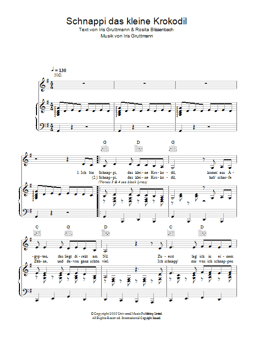 Learn to play Schnappi Schnappi das kleine Krokodil sheet music for Piano, Vocal & Guitar (Right-Hand Melody) in minutes. Schnappi Schnappi das kleine Krokodil sheet music preview music notes and score for Piano, Vocal & Guitar (Right-Hand Melody) including 3 page(s)