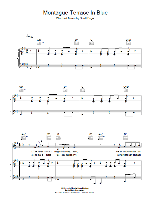 Scott Walker Montague Terrace In Blue sheet music, chords, lyrics - Printable PDF for Piano, Vocal & Guitar