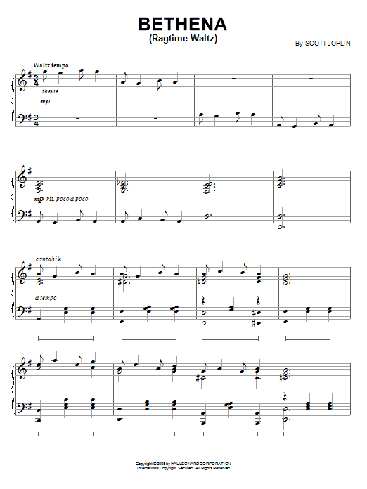 Learn to play Scott Joplin Bethena (Ragtime Waltz) sheet music for Piano in minutes. Scott Joplin Bethena (Ragtime Waltz) sheet music preview music notes and score for Piano including 8 page(s)
