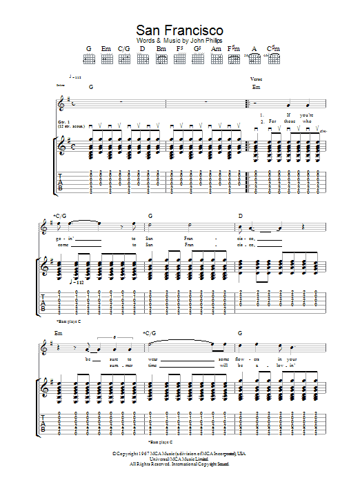 Learn to play Scott McKenzie San Francisco (Be Sure To Wear Some Flowers In Your Hair) sheet music for Ukulele in minutes. Scott McKenzie San Francisco (Be Sure To Wear Some Flowers In Your Hair) sheet music preview music notes and score for Ukulele including 3 page(s)