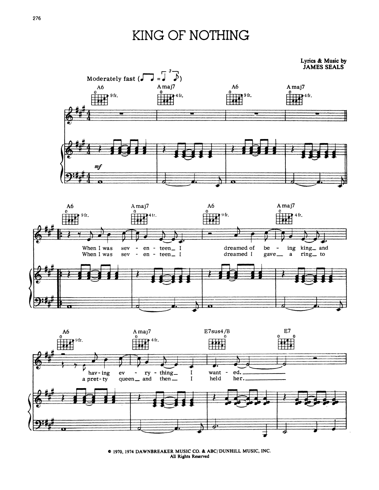 Learn to play Seals and Crofts King Of Nothing sheet music for Piano & Vocal in minutes. Seals and Crofts King Of Nothing sheet music preview music notes and score for Piano & Vocal including 3 page(s)