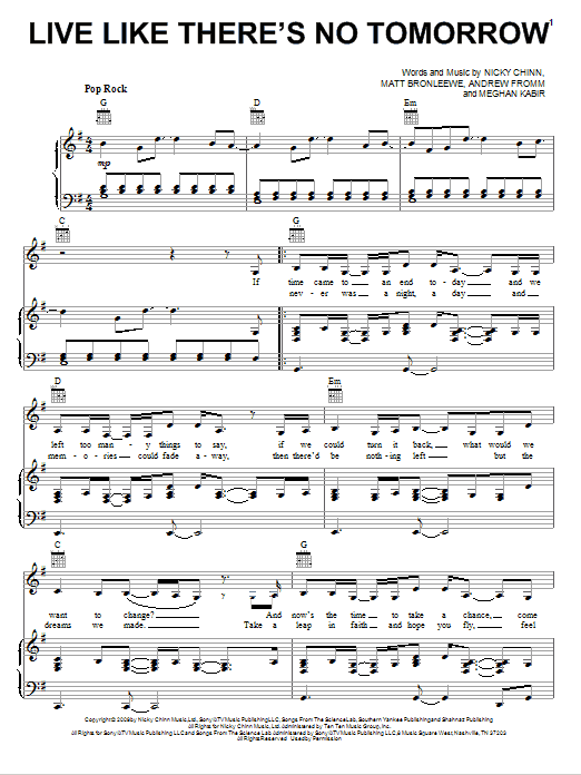 Selena Gomez & The Scene Live Like There's No Tomorrow sheet music, chords, lyrics - Printable PDF for Piano, Vocal & Guitar (Right-Hand Melody)
