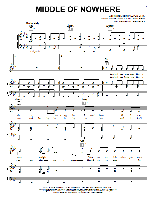 Selena Gomez Middle Of Nowhere sheet music preview music notes and score for Piano, Vocal & Guitar (Right-Hand Melody) including 5 page(s)