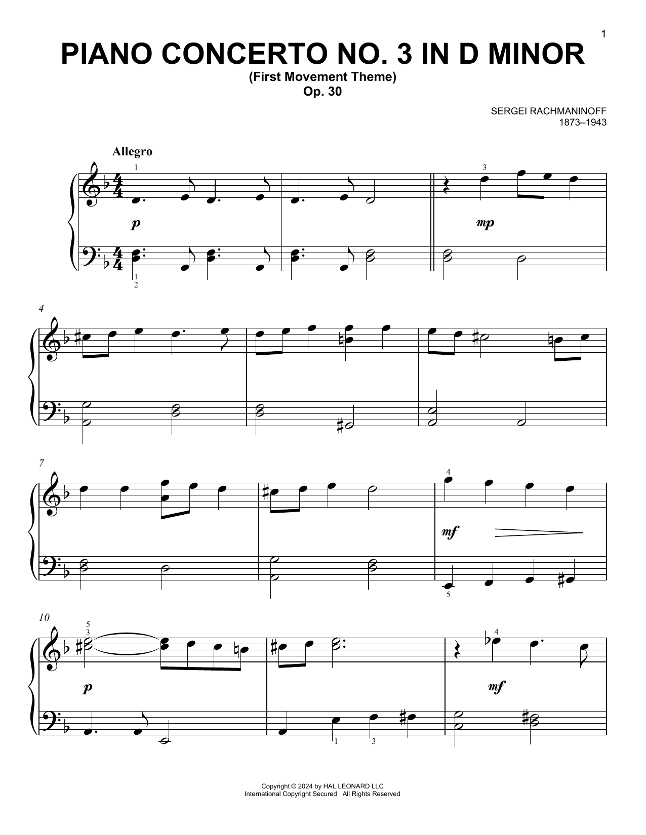 Sergei Rachmaninoff Piano Concerto No. 3 In D Minor, Op. 30 sheet music, chords, lyrics - Printable PDF for Easy Piano