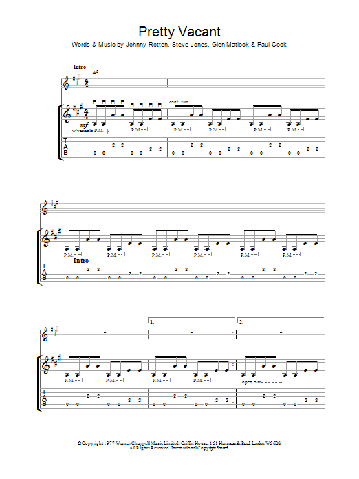 Learn to play The Sex Pistols Pretty Vacant sheet music for Guitar Tab in minutes. The Sex Pistols Pretty Vacant sheet music preview music notes and score for Guitar Tab including 5 page(s)