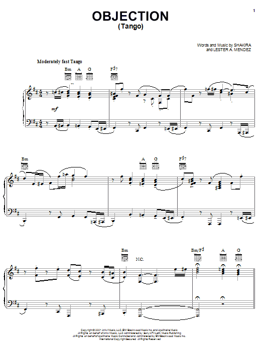 Learn to play Shakira Objection (Tango) sheet music for Piano, Vocal & Guitar (Right-Hand Melody) in minutes. Shakira Objection (Tango) sheet music preview music notes and score for Piano, Vocal & Guitar (Right-Hand Melody) including 11 page(s)
