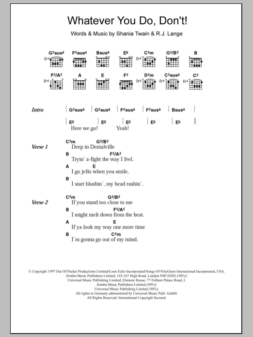 Shania Twain Whatever You Do, Don't! sheet music, chords, lyrics - Printable PDF for Keyboard