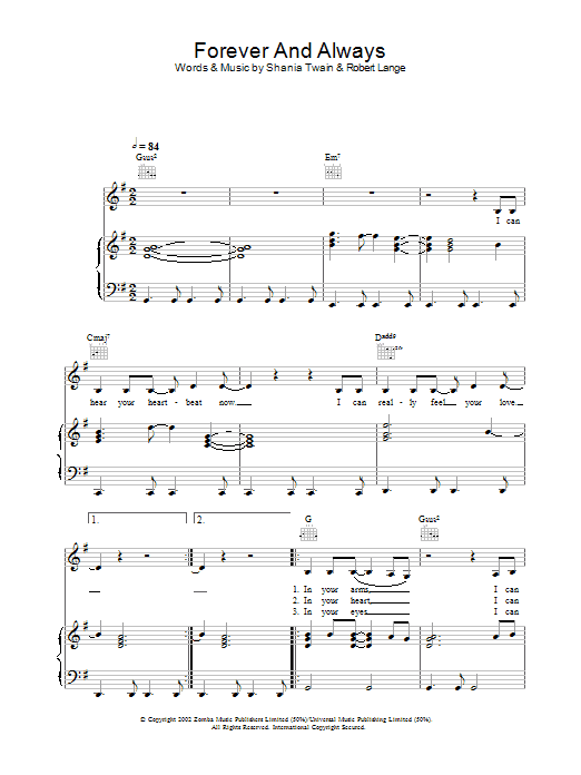Learn to play Shania Twain Forever And Always sheet music for Piano, Vocal & Guitar (Right-Hand Melody) in minutes. Shania Twain Forever And Always sheet music preview music notes and score for Piano, Vocal & Guitar (Right-Hand Melody) including 6 page(s)