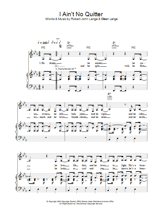 Shania Twain I Ain't No Quitter sheet music preview music notes and score for Piano, Vocal & Guitar (Right-Hand Melody) including 6 page(s)