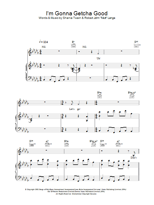 Shania Twain I'm Gonna Getcha Good sheet music preview music notes and score for Piano, Vocal & Guitar including 7 page(s)