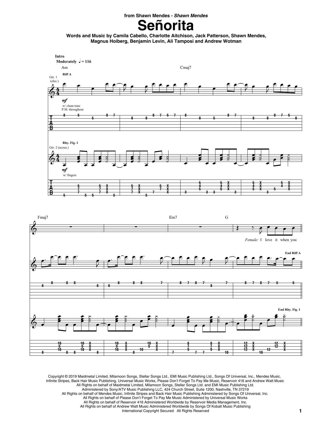 Shawn Mendes & Camila Cabello Señorita sheet music, chords, lyrics - Printable PDF for Guitar Tab