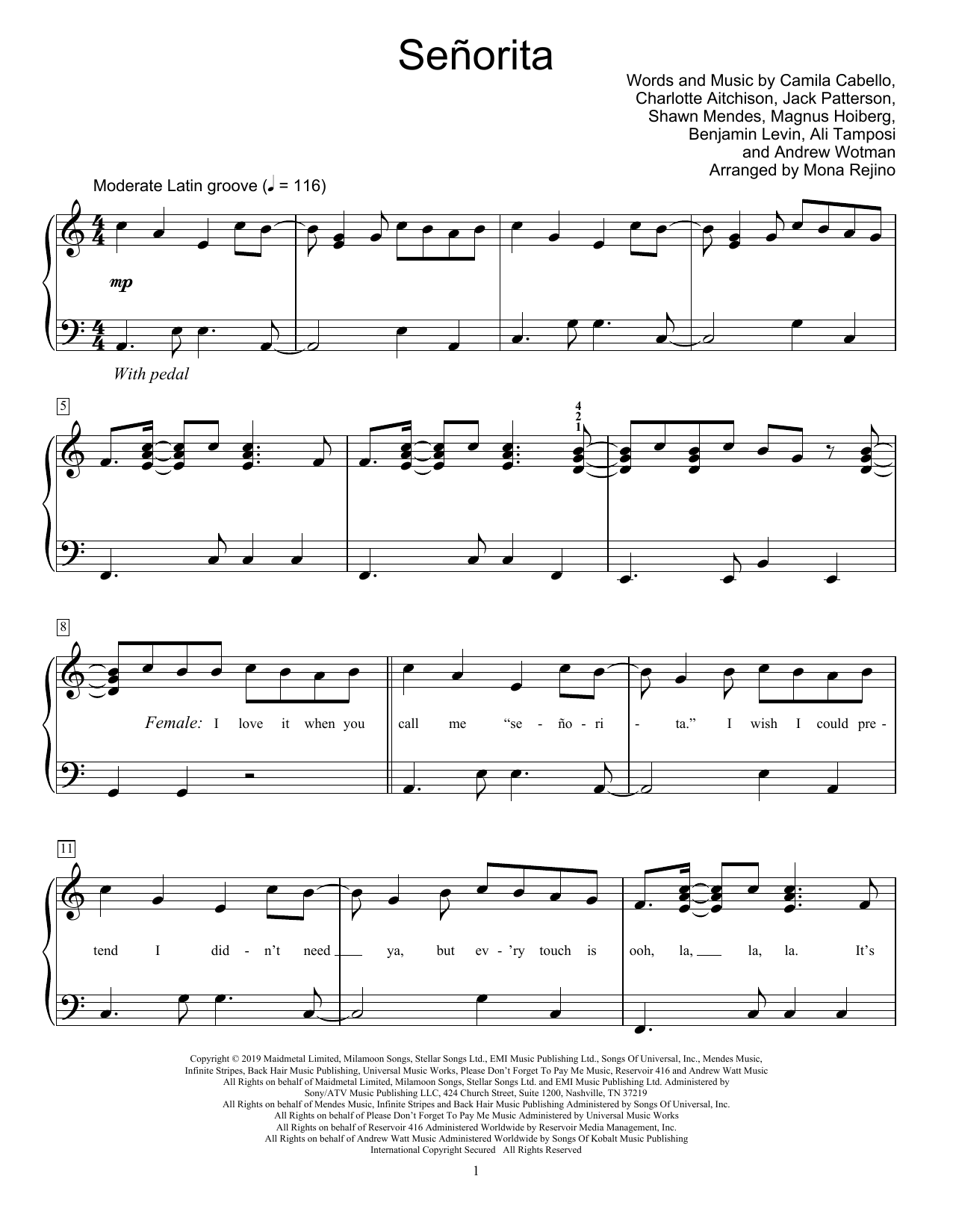 Shawn Mendes & Camila Cabello Señorita (arr. Mona Rejino) sheet music, chords, lyrics - Printable PDF for Educational Piano
