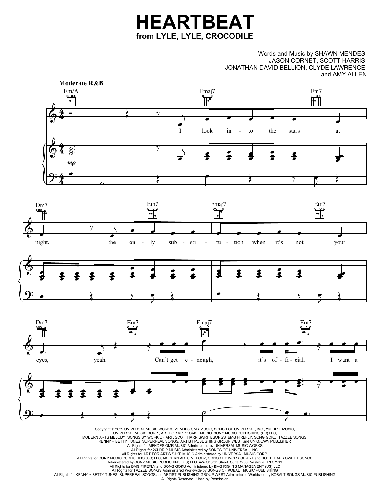 Shawn Mendes Heartbeat (from Lyle, Lyle, Crocodile) sheet music, chords, lyrics - Printable PDF for Easy Piano