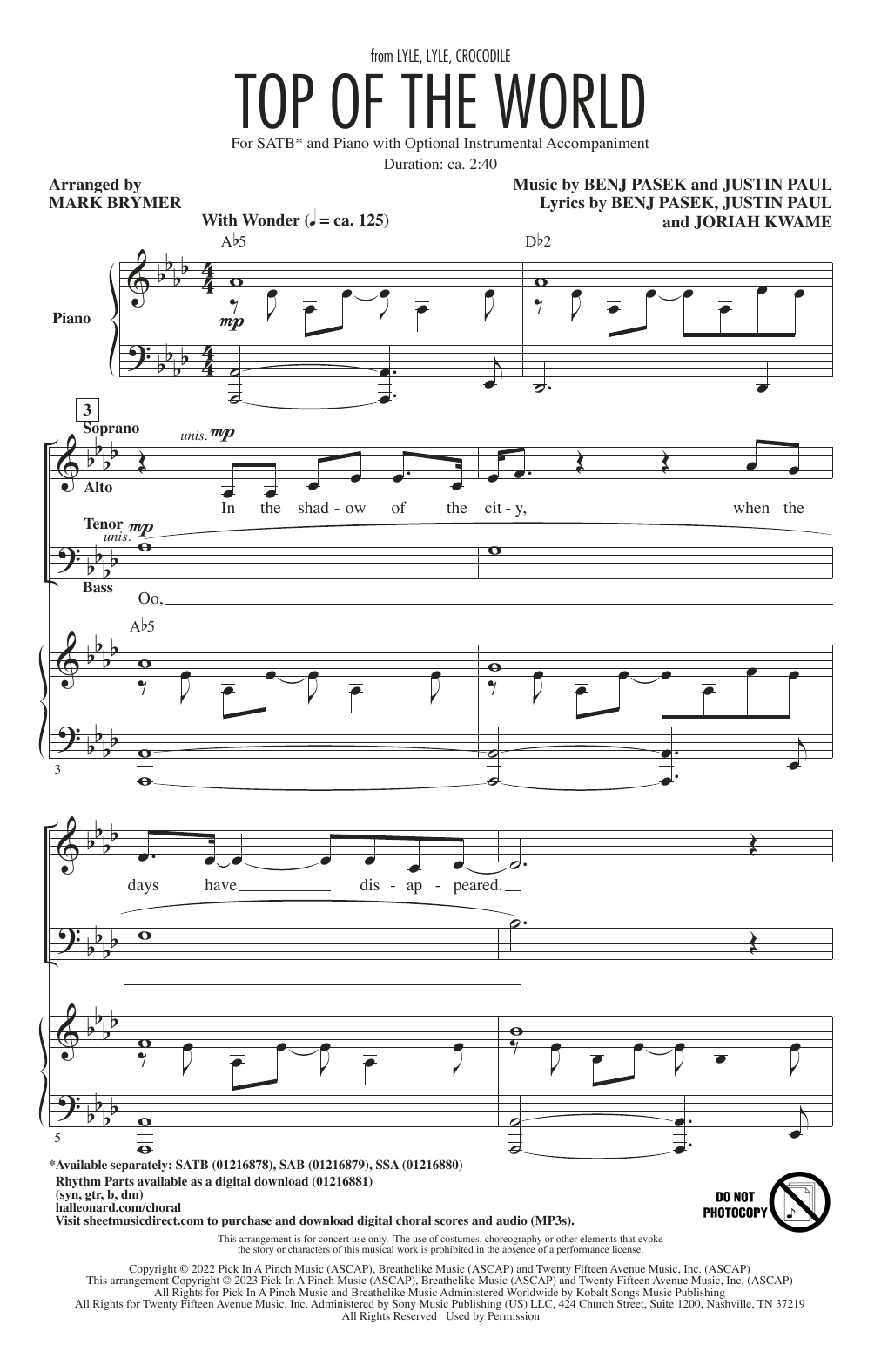 Shawn Mendes Top Of The World (from Lyle, Lyle, Crocodile) (arr. Mark Brymer) sheet music, chords, lyrics - Printable PDF for SAB Choir