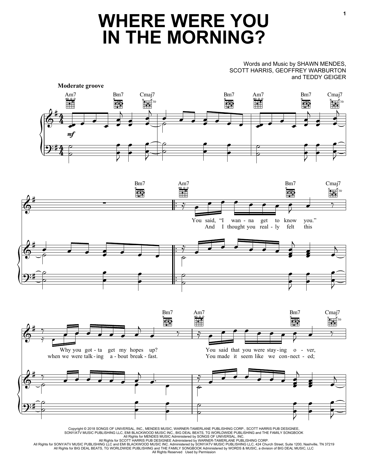 Shawn Mendes feat. John Mayer Where Were You In The Morning? sheet music, chords, lyrics - Printable PDF for Piano, Vocal & Guitar (Right-Hand Melody)