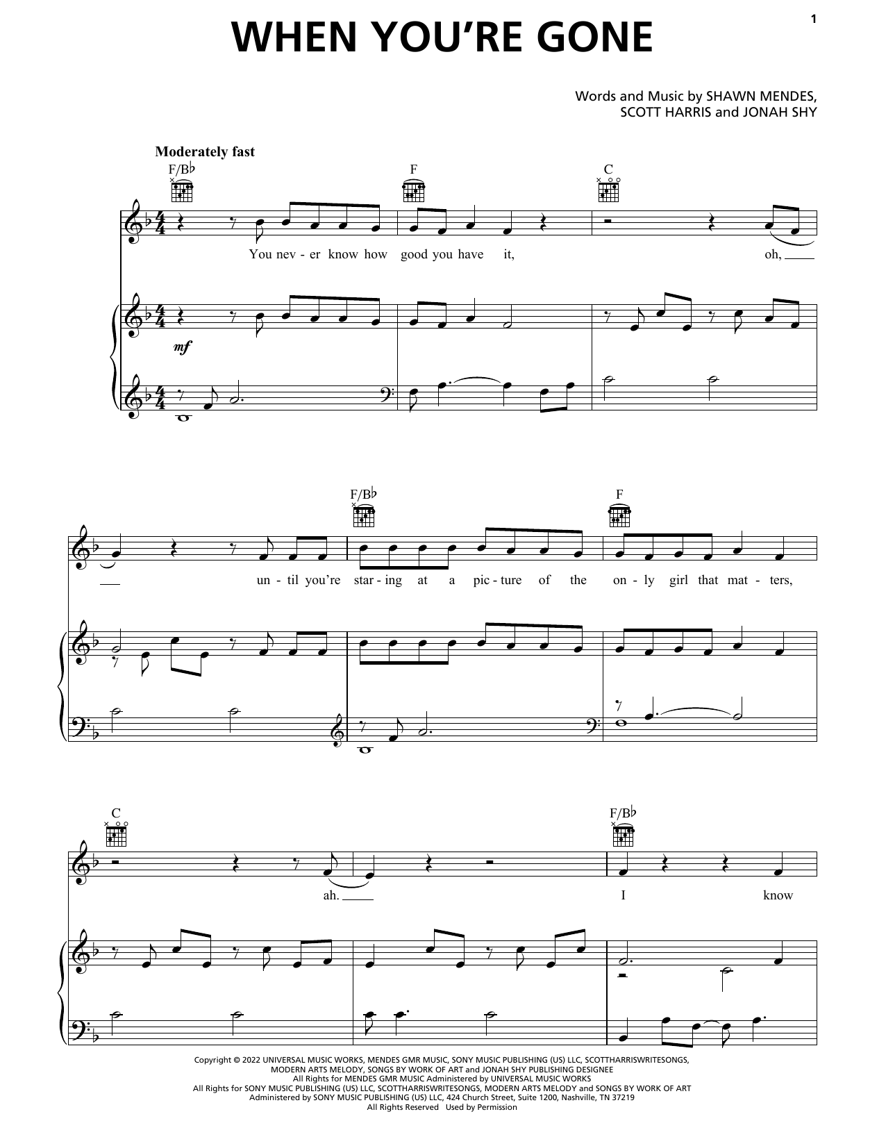 Learn to play Shawn Mendes When You're Gone sheet music for Piano, Vocal & Guitar Chords (Right-Hand Melody) in minutes. Shawn Mendes When You're Gone sheet music preview music notes and score for Piano, Vocal & Guitar Chords (Right-Hand Melody) including 8 page(s)
