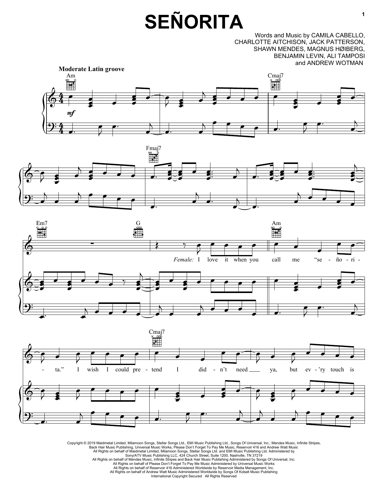 Shawn Mendes & Camila Cabello Señorita sheet music preview music notes and score for Bass Guitar Tab including 6 page(s)