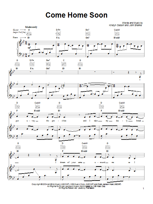 Learn to play SHeDAISY Come Home Soon sheet music for Piano, Vocal & Guitar (Right-Hand Melody) in minutes. SHeDAISY Come Home Soon sheet music preview music notes and score for Piano, Vocal & Guitar (Right-Hand Melody) including 5 page(s)