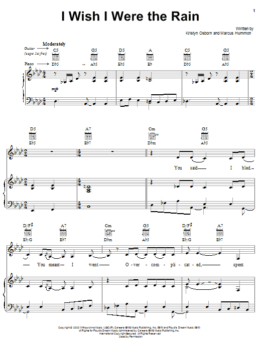 Learn to play SHeDAISY I Wish I Were The Rain sheet music for Piano, Vocal & Guitar (Right-Hand Melody) in minutes. SHeDAISY I Wish I Were The Rain sheet music preview music notes and score for Piano, Vocal & Guitar (Right-Hand Melody) including 7 page(s)