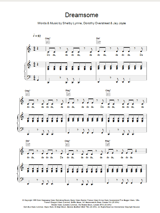 Learn to play Shelby Lynne Dreamsome (from Bridget Jones's Diary) sheet music for Piano, Vocal & Guitar (Right-Hand Melody) in minutes. Shelby Lynne Dreamsome (from Bridget Jones's Diary) sheet music preview music notes and score for Piano, Vocal & Guitar (Right-Hand Melody) including 4 page(s)