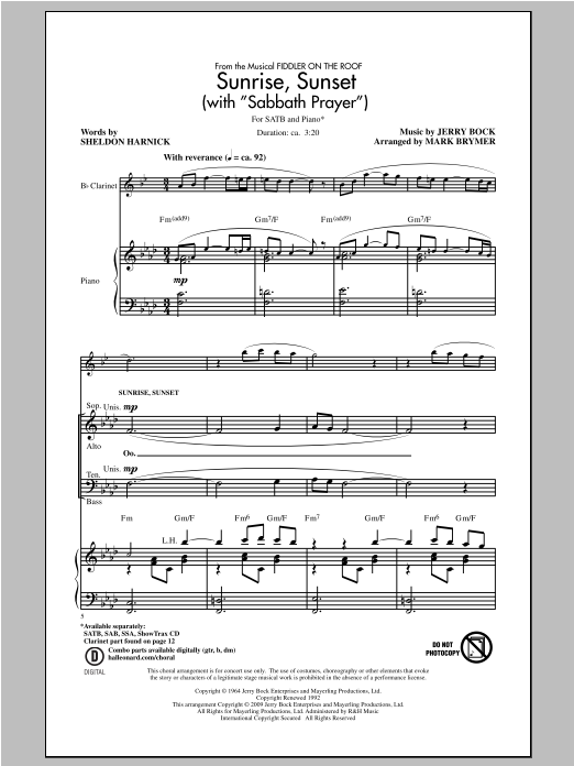 Mark Brymer Sunrise, Sunset (with Sabbath Prayer) sheet music, chords, lyrics - Printable PDF for SATB