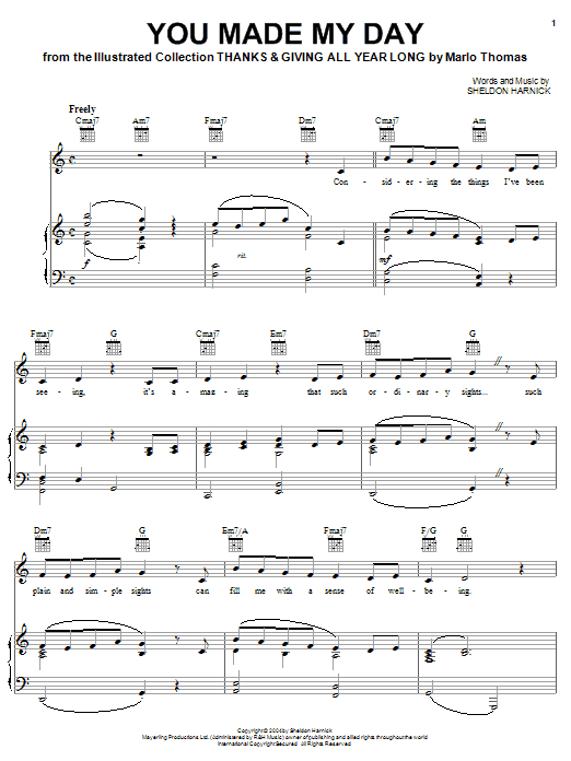 Learn to play Sheldon Harnick You Made My Day sheet music for Piano, Vocal & Guitar (Right-Hand Melody) in minutes. Sheldon Harnick You Made My Day sheet music preview music notes and score for Piano, Vocal & Guitar (Right-Hand Melody) including 5 page(s)