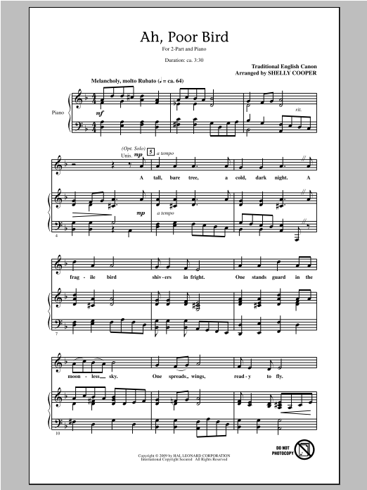Shelly Cooper Ah, Poor Bird sheet music, chords, lyrics - Printable PDF for 2-Part Choir