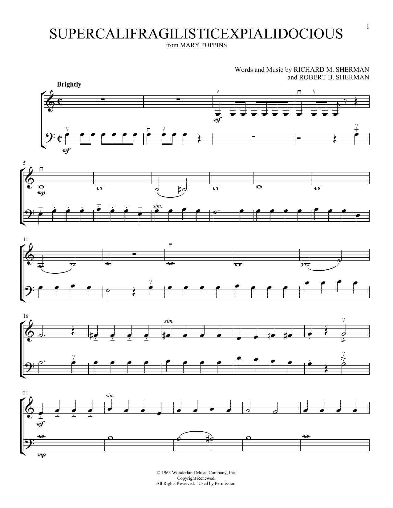 Sherman Brothers Supercalifragilisticexpialidocious (from Mary Poppins) (arr. Michelle Hynson) sheet music, chords, lyrics - Printable PDF for Instrumental Duet