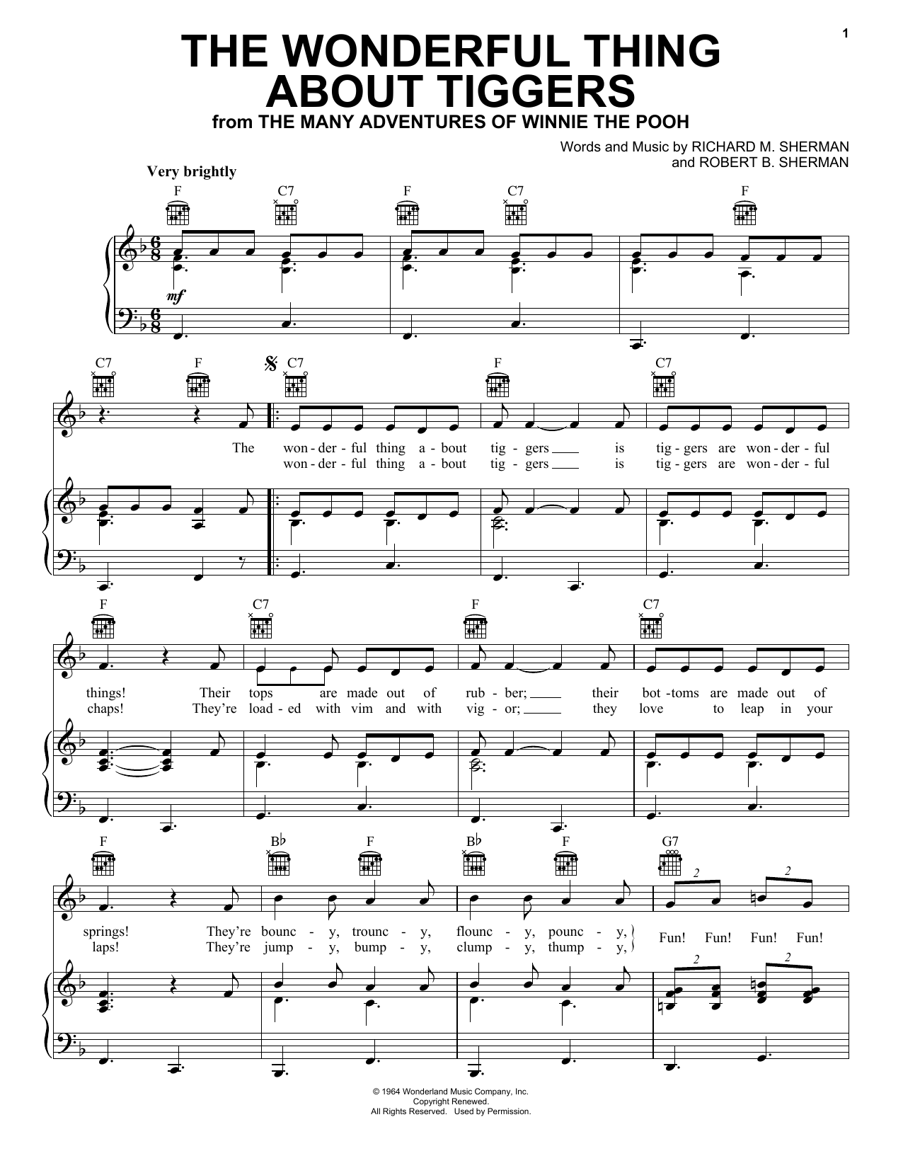 Download Sherman Brothers The Wonderful Thing About Tiggers sheet music notes and chords for Piano, Vocal & Guitar (Right-Hand Melody) - Download Printable PDF and start playing in minutes.