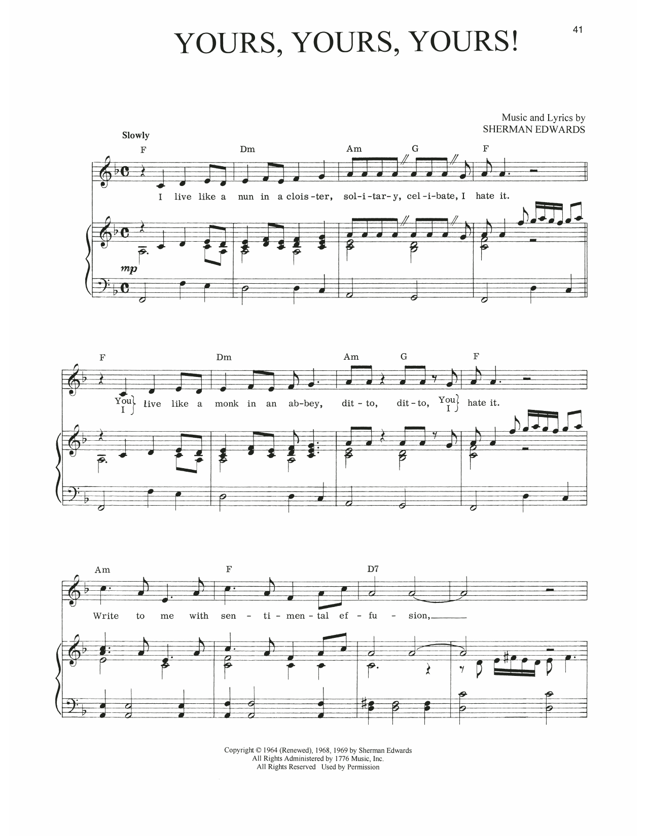 Sherman Edwards Yours, Yours, Yours! (from 1776) sheet music, chords, lyrics - Printable PDF for Piano, Vocal & Guitar Chords (Right-Hand Melody)