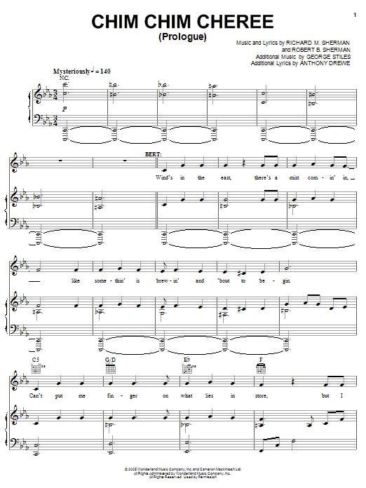 Learn to play Sherman Brothers Prologue / Chim Chim Cher-ee sheet music for Piano, Vocal & Guitar (Right-Hand Melody) in minutes. Sherman Brothers Prologue / Chim Chim Cher-ee sheet music preview music notes and score for Piano, Vocal & Guitar (Right-Hand Melody) including 4 page(s)