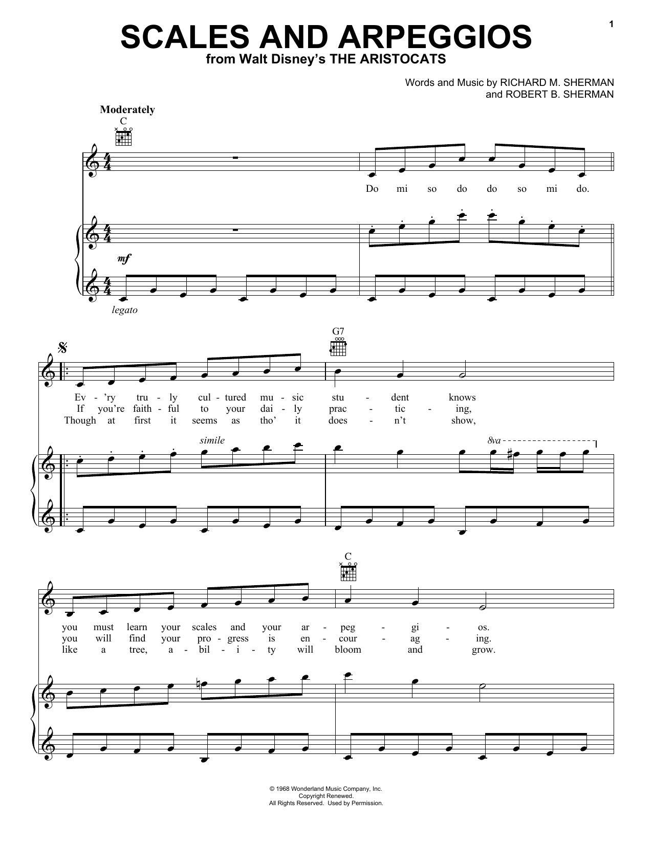 Learn to play Sherman Brothers Scales And Arpeggios sheet music for Piano, Vocal & Guitar (Right-Hand Melody) in minutes. Sherman Brothers Scales And Arpeggios sheet music preview music notes and score for Piano, Vocal & Guitar (Right-Hand Melody) including 3 page(s)