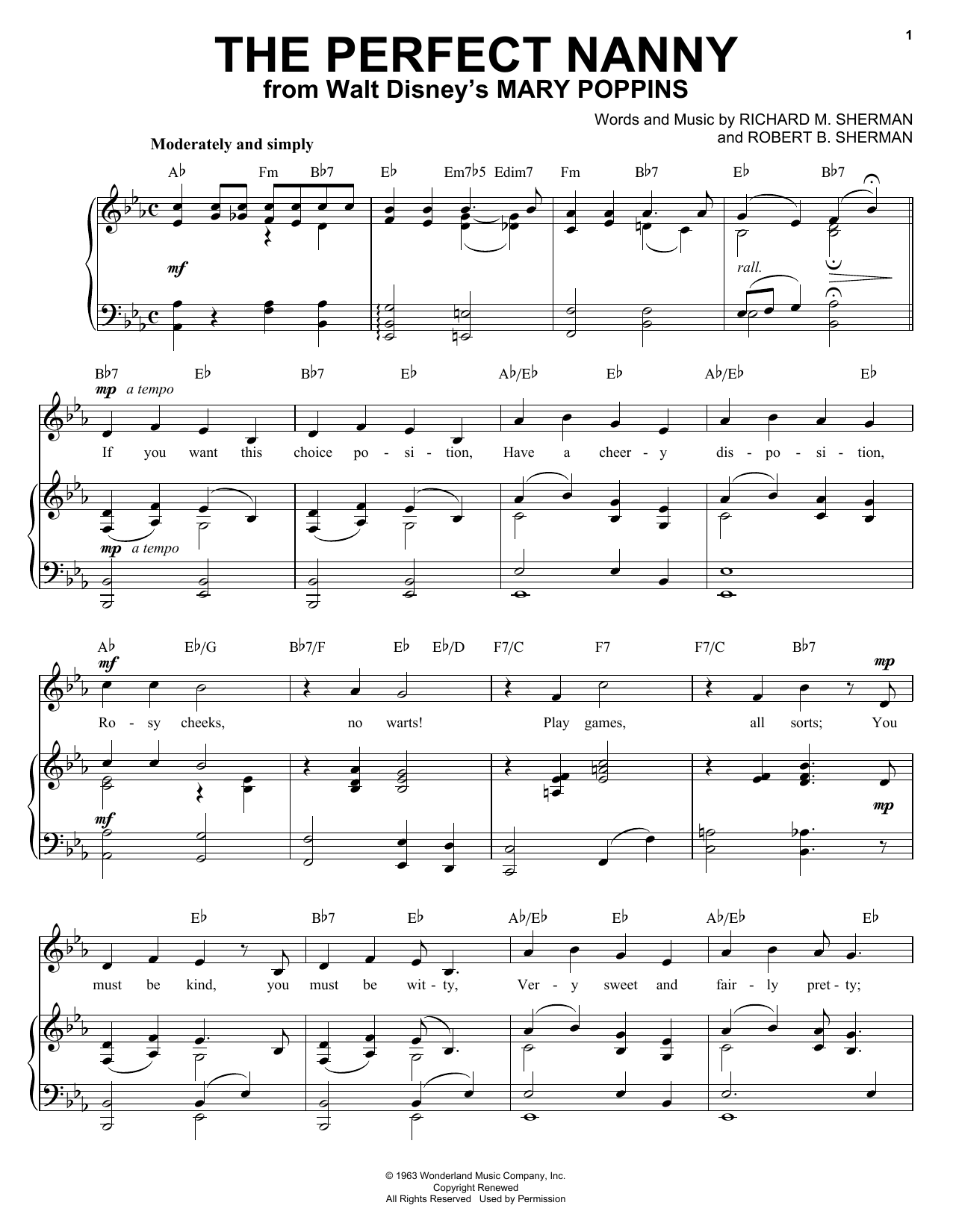 Learn to play Sherman Brothers The Perfect Nanny sheet music for Piano, Vocal & Guitar (Right-Hand Melody) in minutes. Sherman Brothers The Perfect Nanny sheet music preview music notes and score for Piano, Vocal & Guitar (Right-Hand Melody) including 3 page(s)