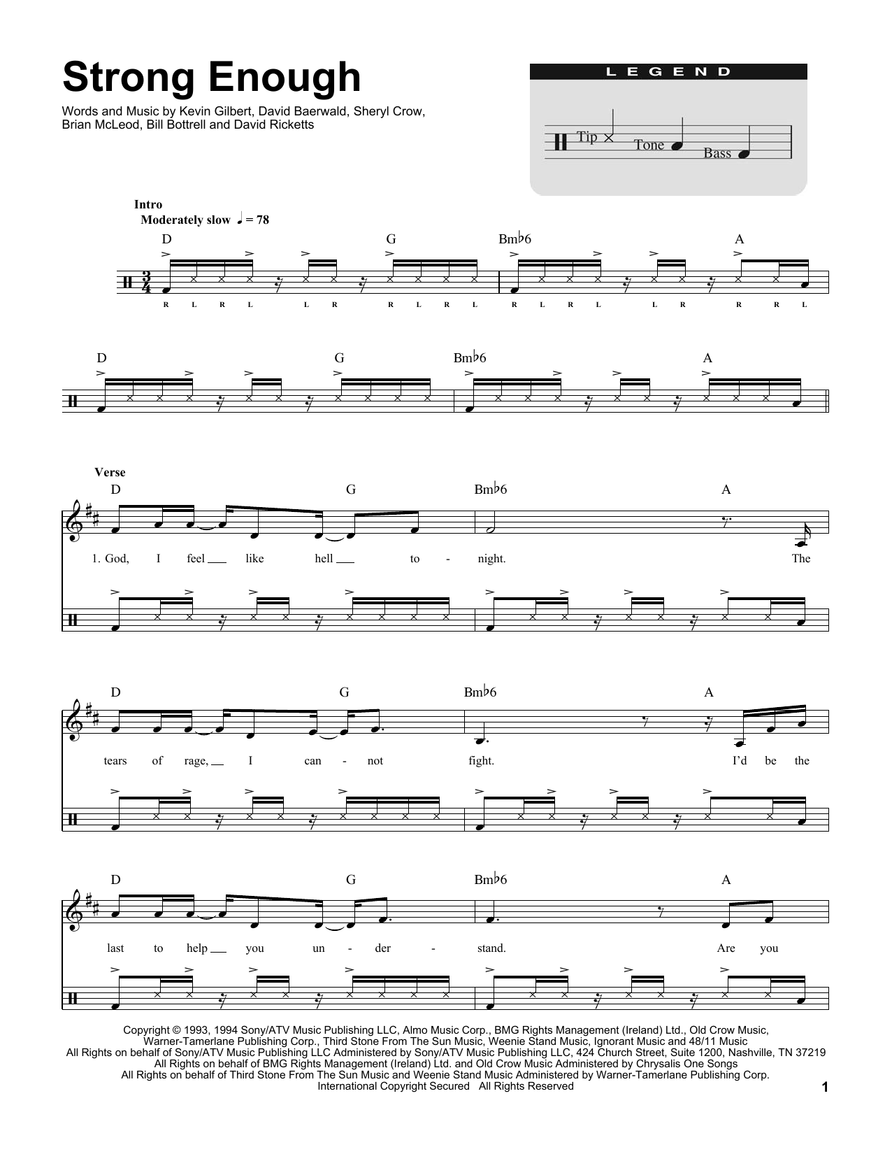 Sheryl Crow Strong Enough sheet music, chords, lyrics - Printable PDF for Drums Transcription