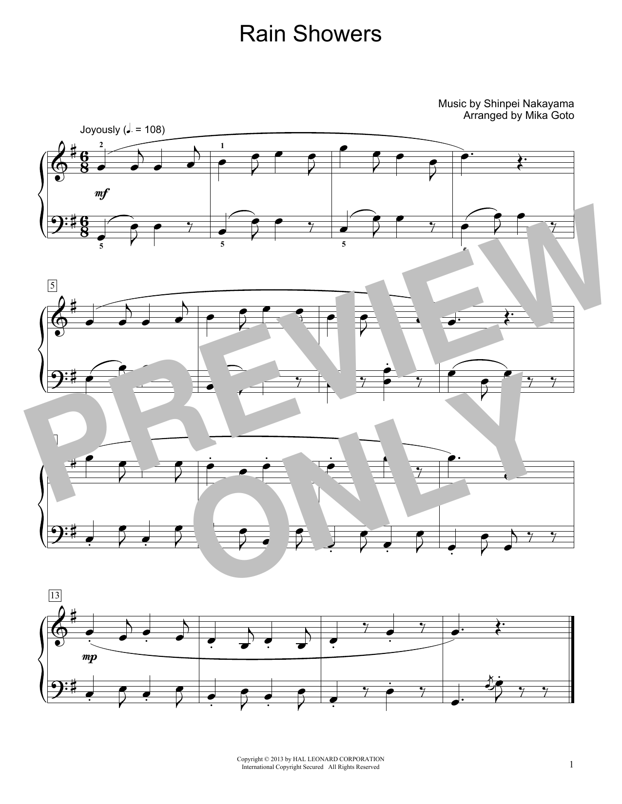 Shinpei Nakayama "Rain Showers (arr. Mika Goto)" Sheet Music Download
