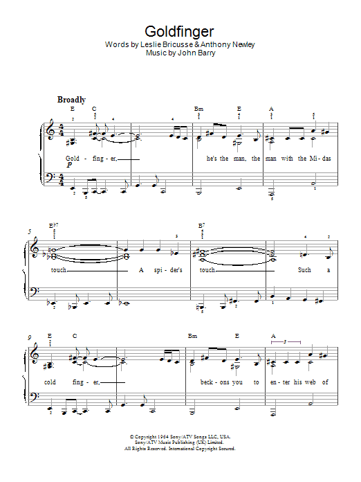 Learn to play Shirley Bassey Goldfinger sheet music for Piano, Vocal & Guitar (Right-Hand Melody) in minutes. Shirley Bassey Goldfinger sheet music preview music notes and score for Piano, Vocal & Guitar (Right-Hand Melody) including 4 page(s)
