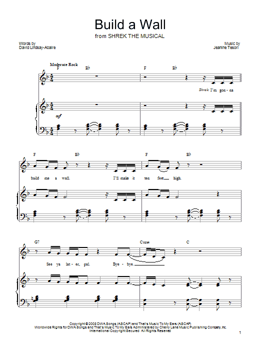 Learn to play Shrek The Musical Build A Wall sheet music for Piano, Vocal & Guitar (Right-Hand Melody) in minutes. Shrek The Musical Build A Wall sheet music preview music notes and score for Piano, Vocal & Guitar (Right-Hand Melody) including 7 page(s)