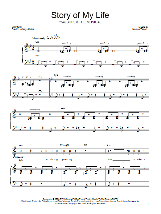 Learn to play Shrek The Musical Story Of My Life sheet music for Piano, Vocal & Guitar (Right-Hand Melody) in minutes. Shrek The Musical Story Of My Life sheet music preview music notes and score for Piano, Vocal & Guitar (Right-Hand Melody) including 8 page(s)