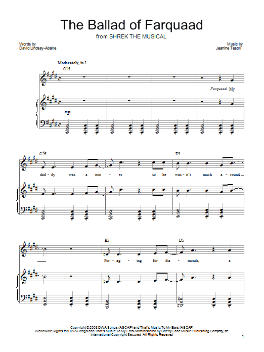 Learn to play Shrek The Musical The Ballad of Farquaad sheet music for Piano, Vocal & Guitar (Right-Hand Melody) in minutes. Shrek The Musical The Ballad of Farquaad sheet music preview music notes and score for Piano, Vocal & Guitar (Right-Hand Melody) including 12 page(s)