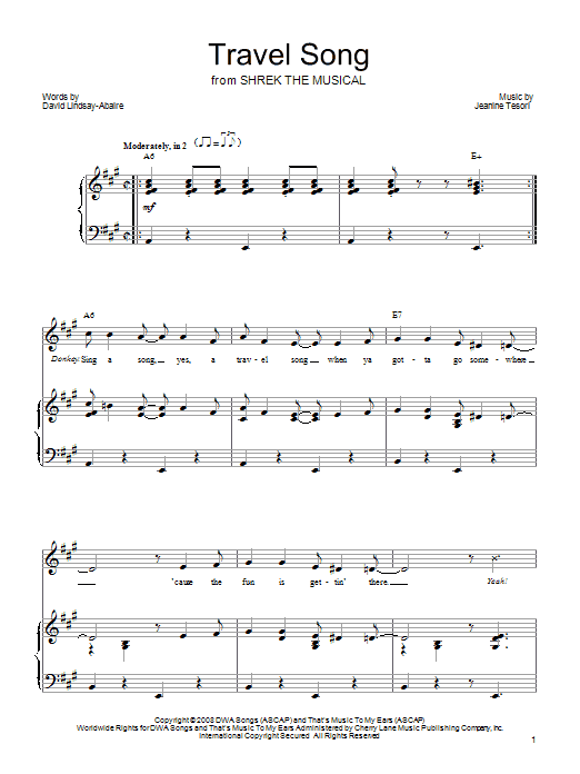 Learn to play Shrek The Musical Travel Song sheet music for Piano, Vocal & Guitar (Right-Hand Melody) in minutes. Shrek The Musical Travel Song sheet music preview music notes and score for Piano, Vocal & Guitar (Right-Hand Melody) including 7 page(s)