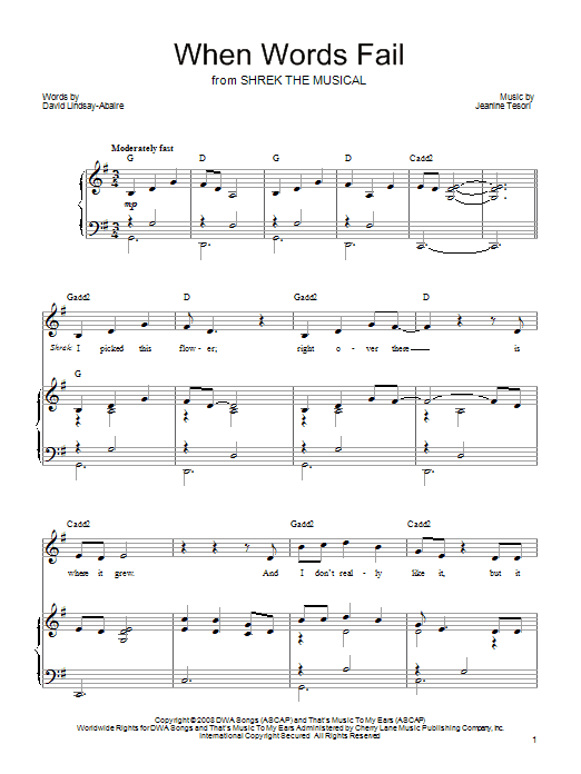 Jeanine Tesori When Words Fail (from 'Shrek The Musical') sheet music preview music notes and score for Piano, Vocal & Guitar (Right-Hand Melody) including 7 page(s)
