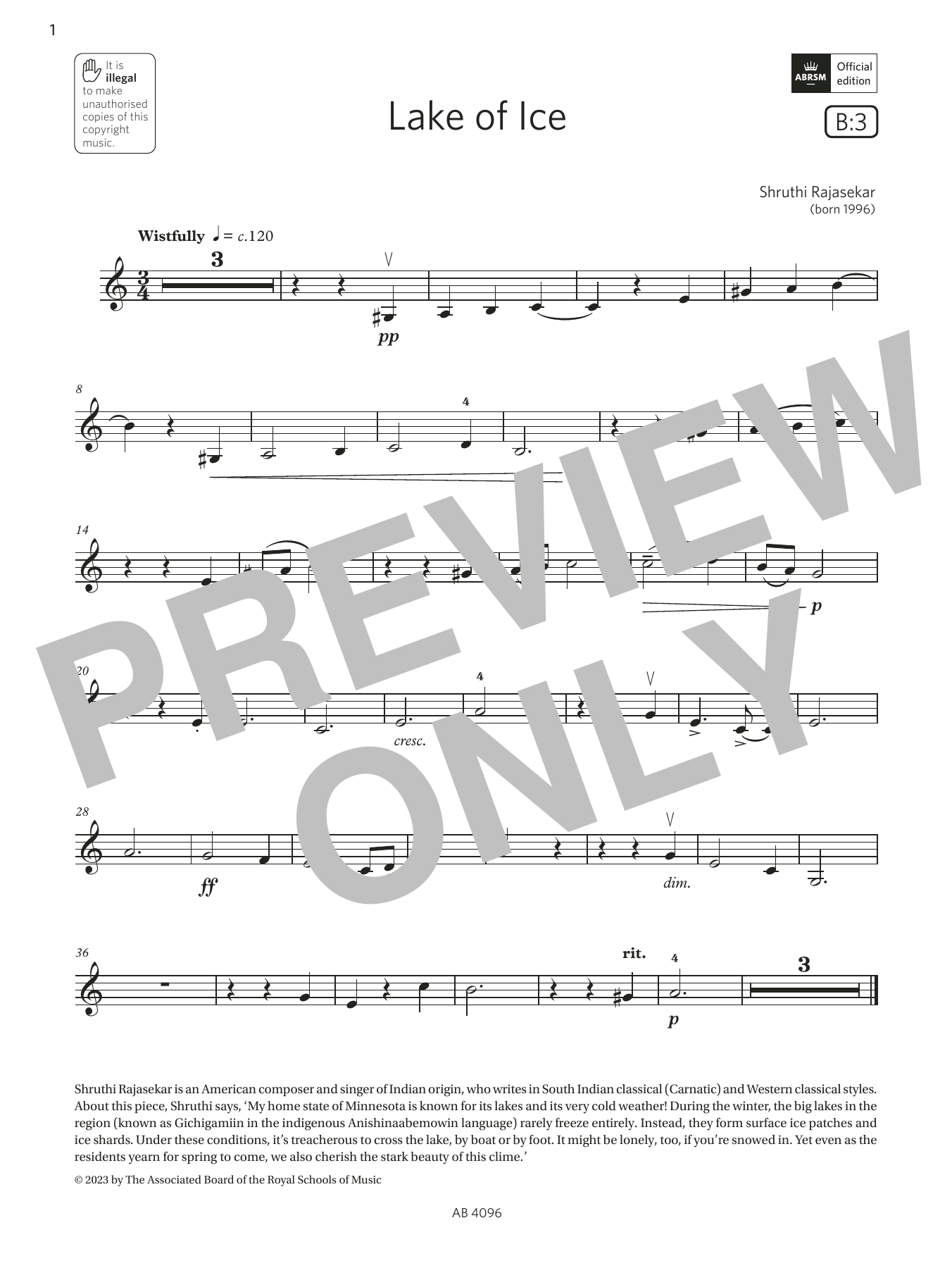 Shruthi Rajasekar Lake of Ice (Grade 2, B3, from the ABRSM Violin Syllabus from 2024) sheet music, chords, lyrics - Printable PDF for Violin Solo