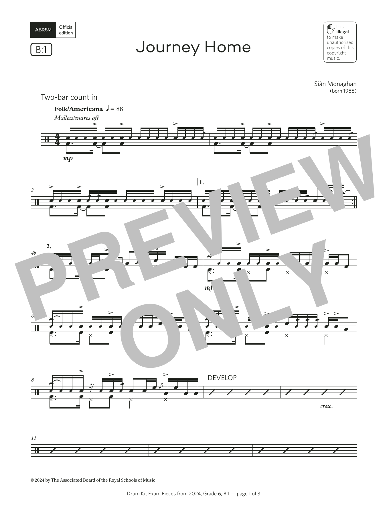 Sian Monaghan Journey Home (Grade 6, list B1, from the ABRSM Drum Kit Syllabus 2024) sheet music, chords, lyrics - Printable PDF for Drums