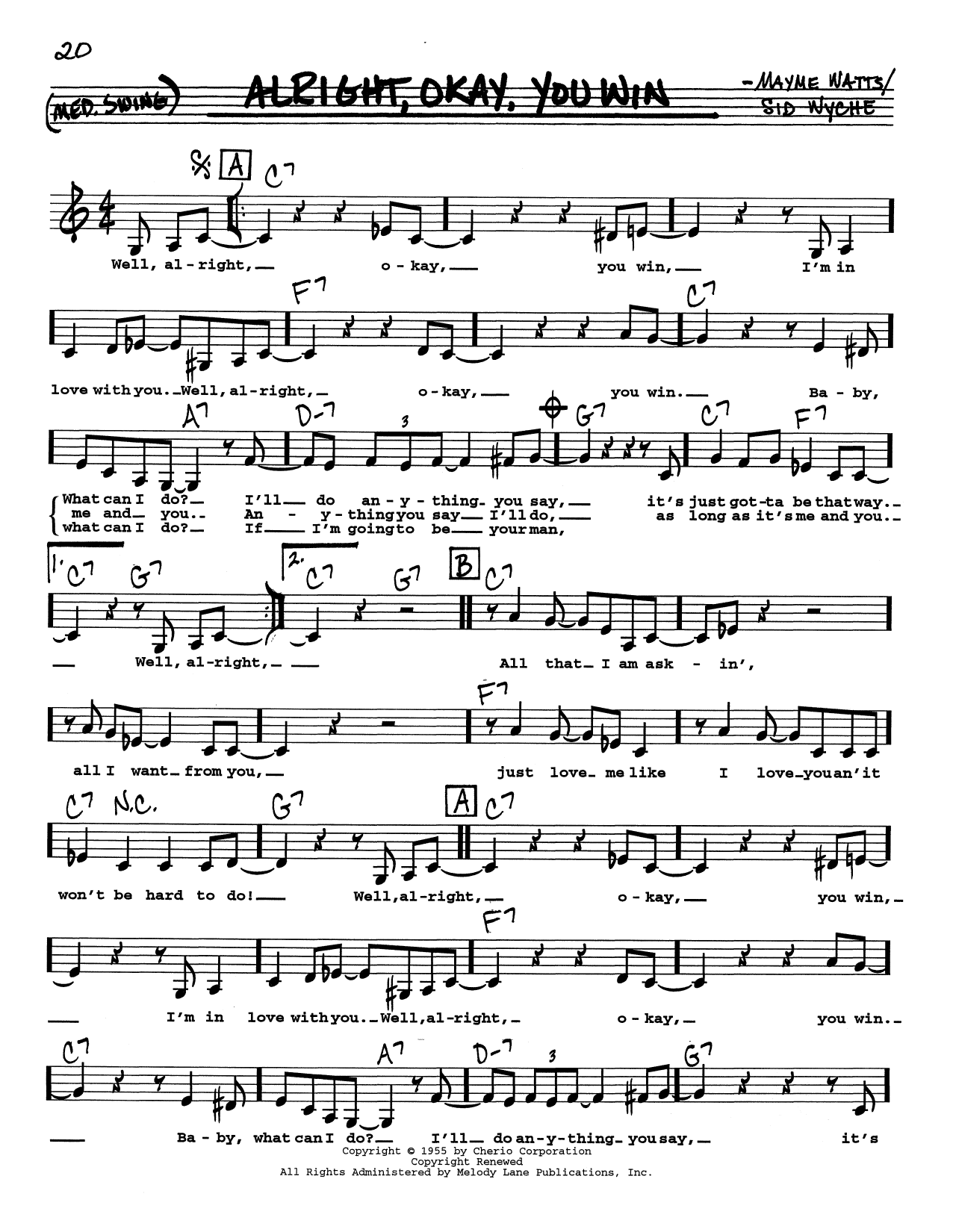 Sid Wyche Alright, Okay, You Win (Low Voice) sheet music, chords, lyrics - Printable PDF for Real Book – Melody, Lyrics & Chords