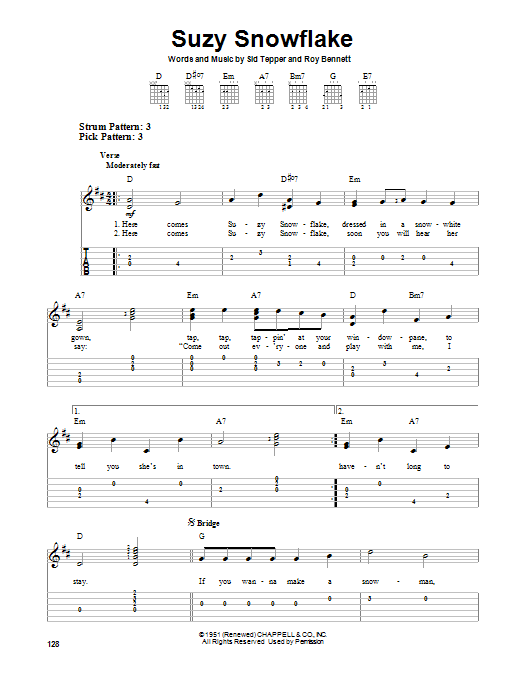 Learn to play Sid Tepper Suzy Snowflake sheet music for Easy Guitar Tab in minutes. Sid Tepper Suzy Snowflake sheet music preview music notes and score for Easy Guitar Tab including 2 page(s)