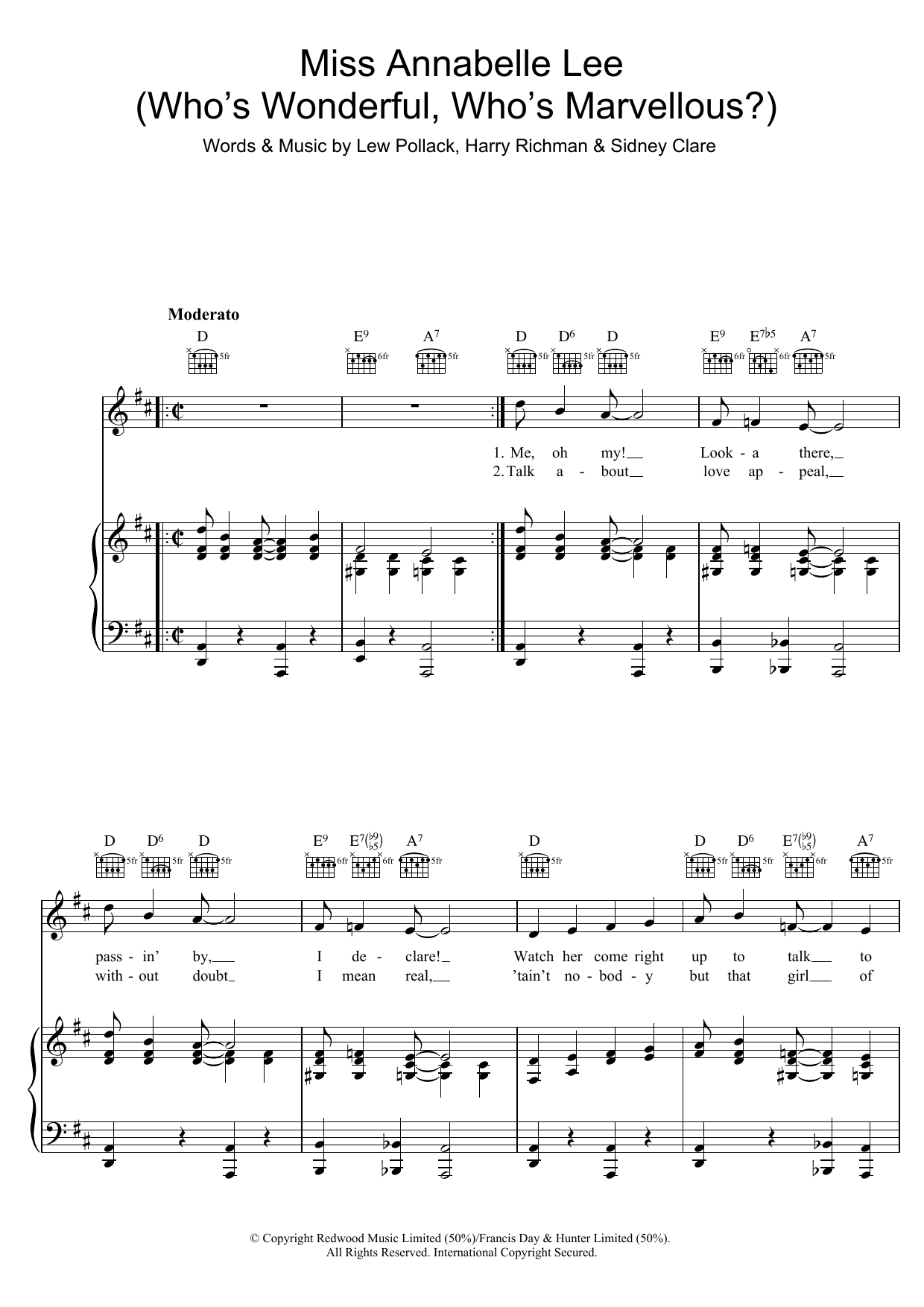 Sidney Clare Miss Annabelle Lee (Who's Wonderful, Who's Marvellous?) sheet music, chords, lyrics - Printable PDF for Piano, Vocal & Guitar (Right-Hand Melody)