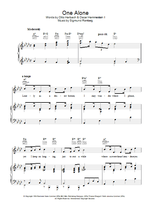 Learn to play Sigmund Romberg One Alone sheet music for Piano, Vocal & Guitar (Right-Hand Melody) in minutes. Sigmund Romberg One Alone sheet music preview music notes and score for Piano, Vocal & Guitar (Right-Hand Melody) including 3 page(s)