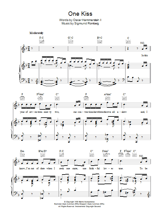 Learn to play Sigmund Romberg One Kiss sheet music for Piano, Vocal & Guitar (Right-Hand Melody) in minutes. Sigmund Romberg One Kiss sheet music preview music notes and score for Piano, Vocal & Guitar (Right-Hand Melody) including 3 page(s)