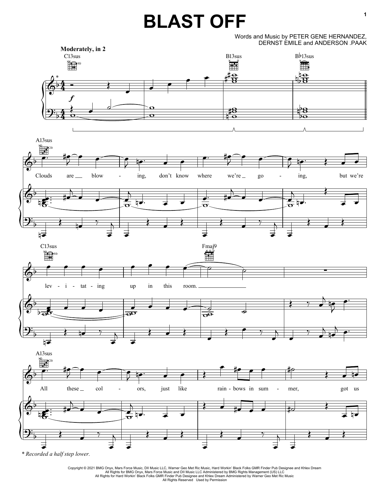 Silk Sonic Blast Off sheet music preview music notes and score for Piano, Vocal & Guitar Chords (Right-Hand Melody) including 11 page(s)
